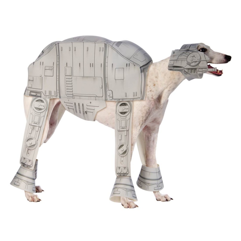 A greyhound wearing an AT AT costume