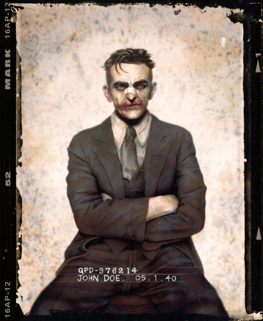 Batman Villains: The Joker posing for a mug shot in the 1940s.
