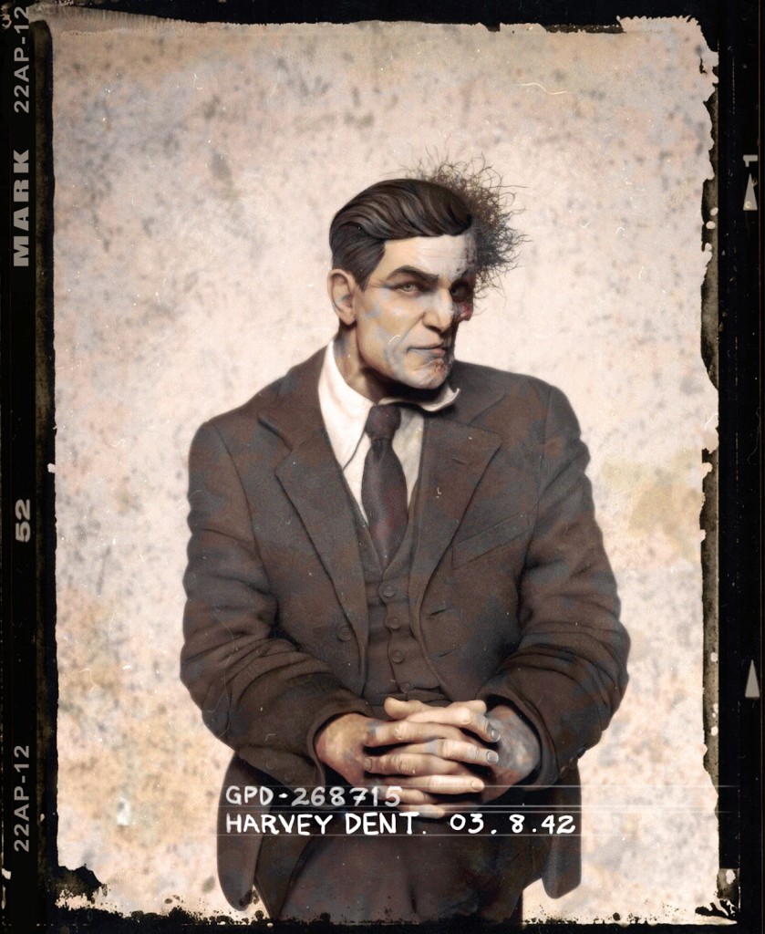 Two-Face posing for a mug shot in the 1940s.