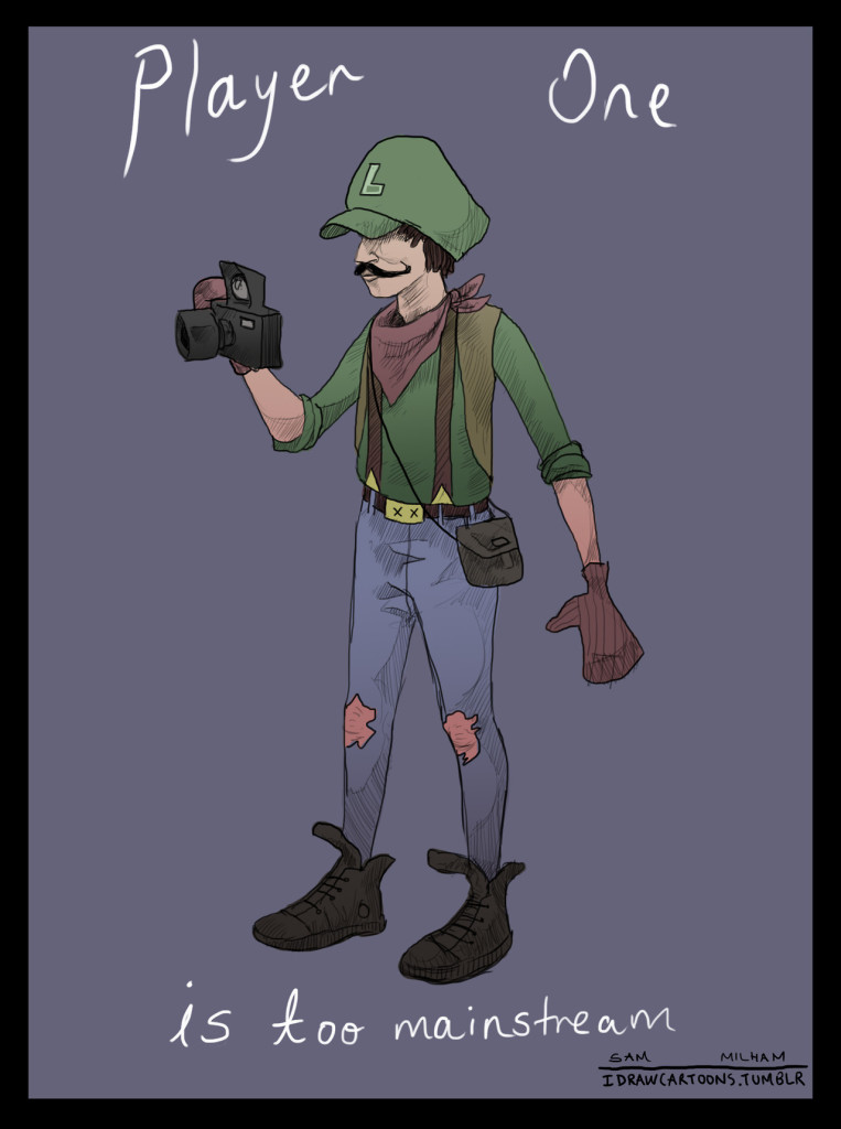 Hipster Luigi shooting on a classic camera while wearing mittens