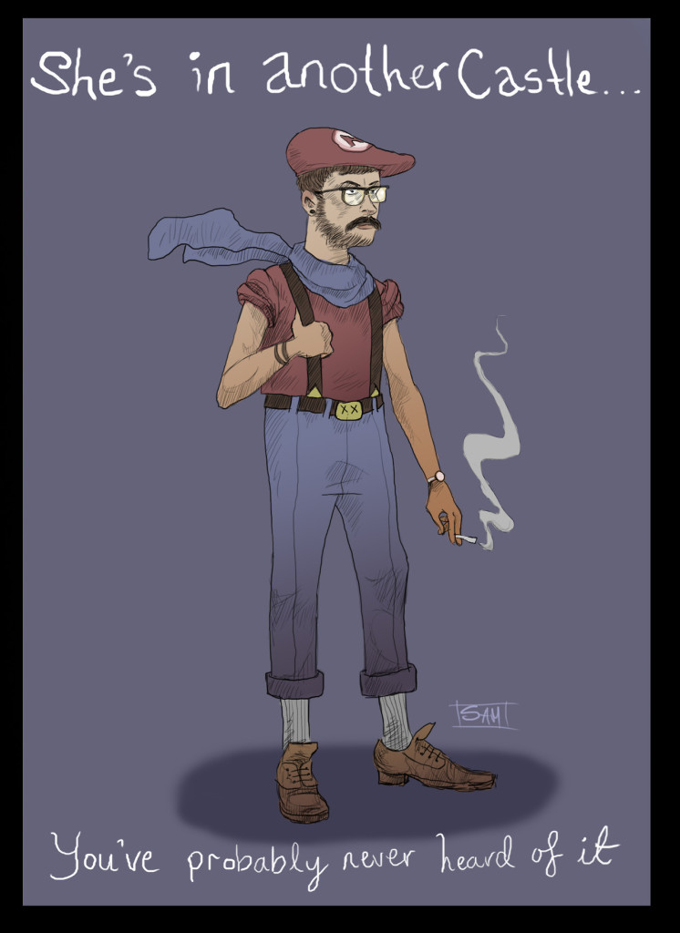 Hipster Mario wearing a beret and smoking a cigarette