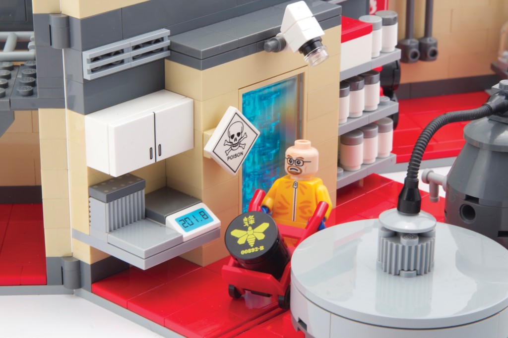 LEGO Walter White moving a barrel of methylamine in the lab